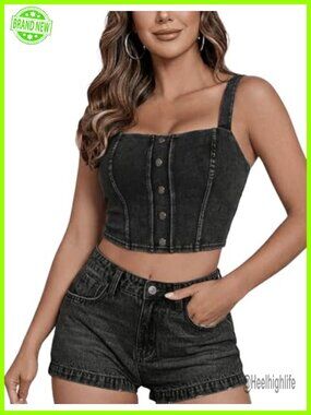 Women Denim Cami Vest Removable Bra Pads Stretch Jean Tank Crop Top Square Neck